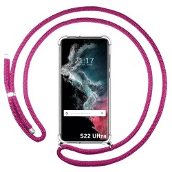 Funda Colgante Transparente para Samsung Galaxy S22 Ultra 5G con Cordon Rosa Fucsia