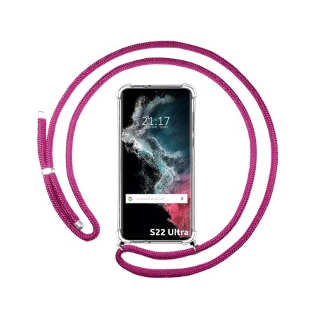 Funda Colgante Transparente para Samsung Galaxy S22 Ultra 5G con Cordon Rosa Fucsia