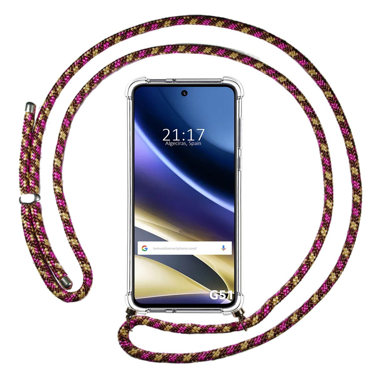 Funda Colgante Transparente para Motorola Moto G51 5G con Cordon Rosa / Dorado