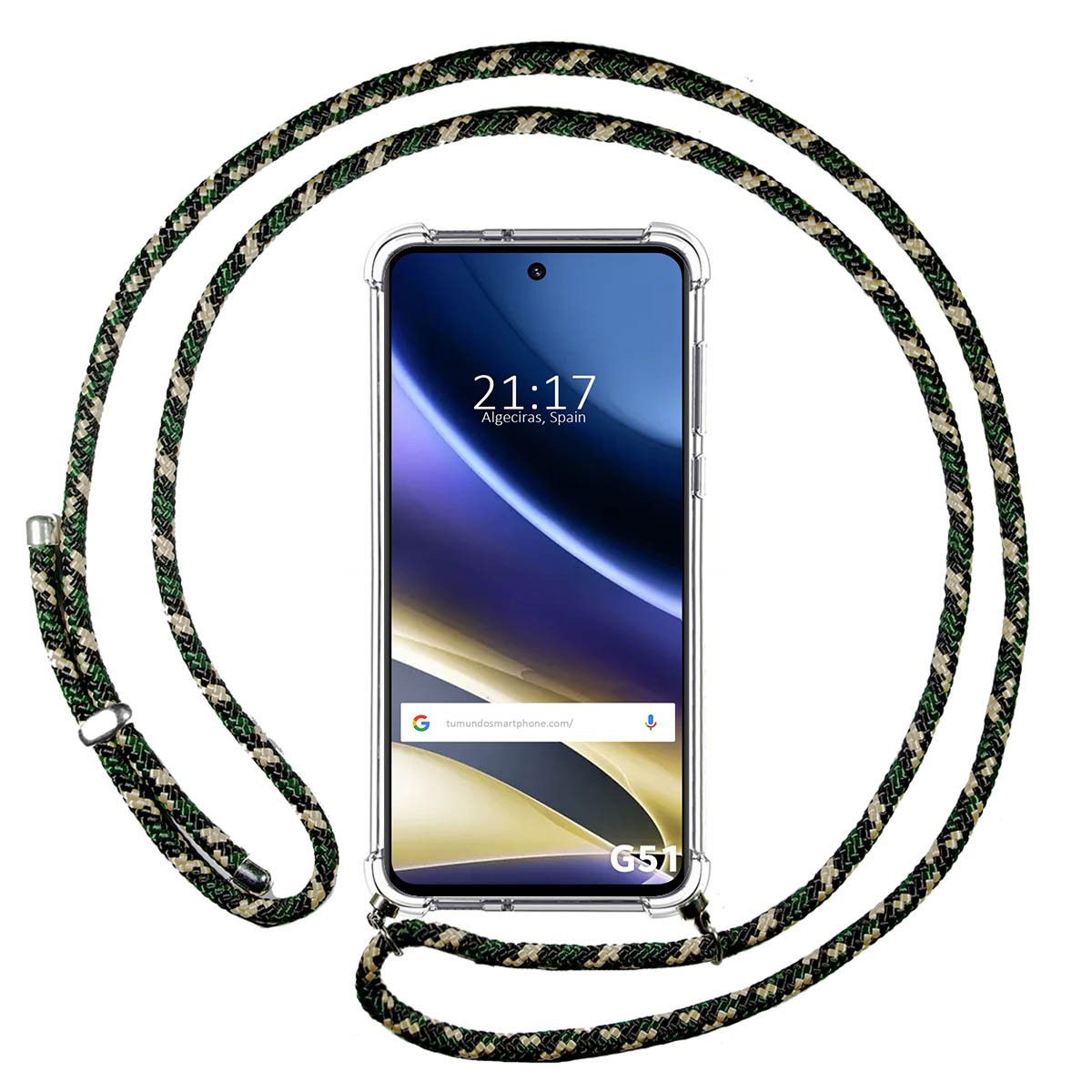 Funda Colgante Transparente para Motorola Moto G51 5G con Cordon Verde / Dorado