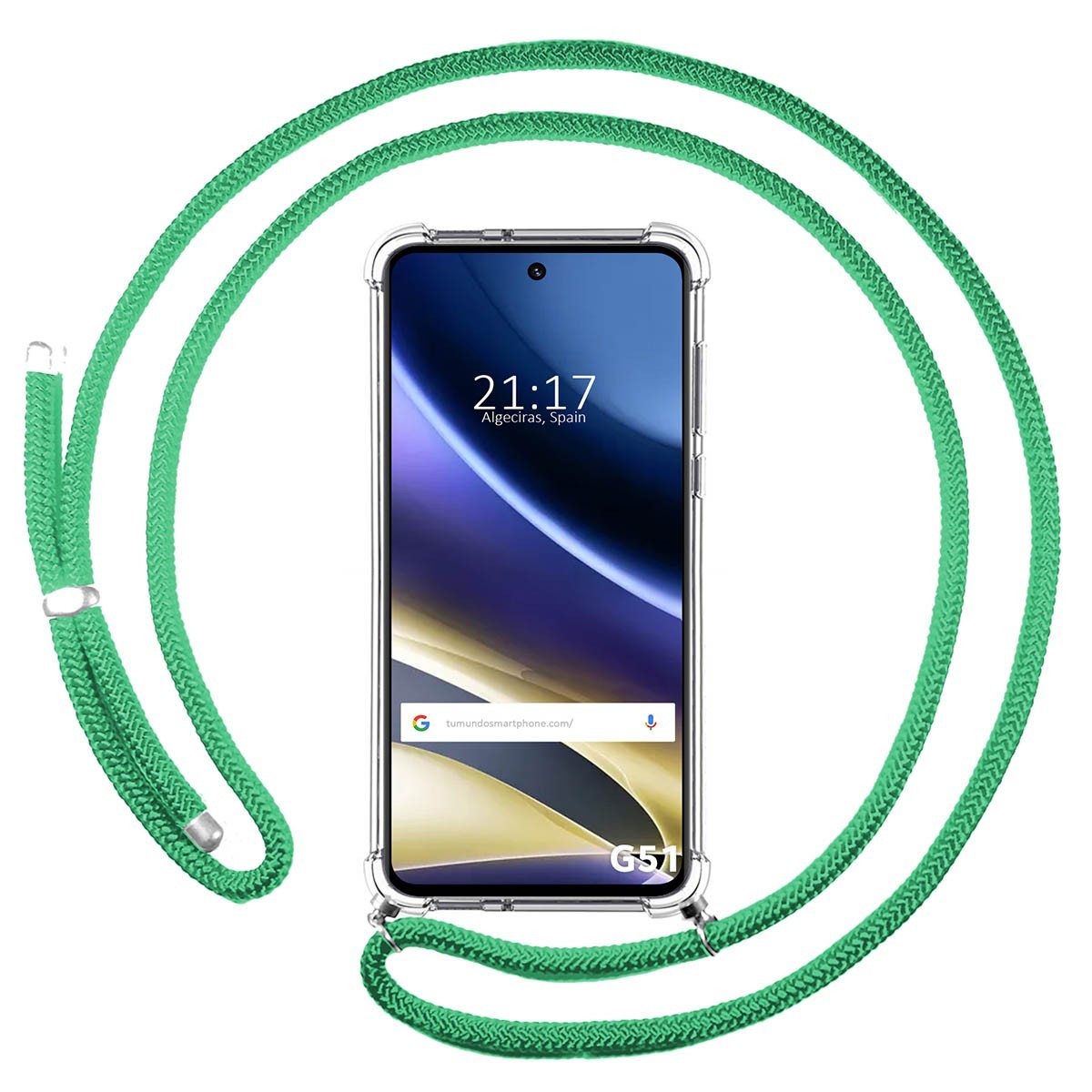 Funda Colgante Transparente para Motorola Moto G51 5G con Cordon Verde Agua