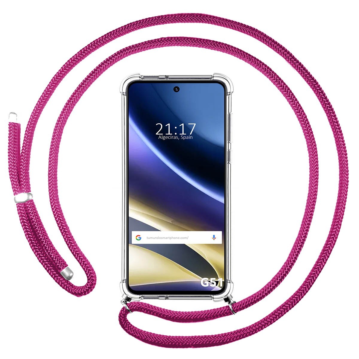 Funda Colgante Transparente para Motorola Moto G51 5G con Cordon Rosa Fucsia