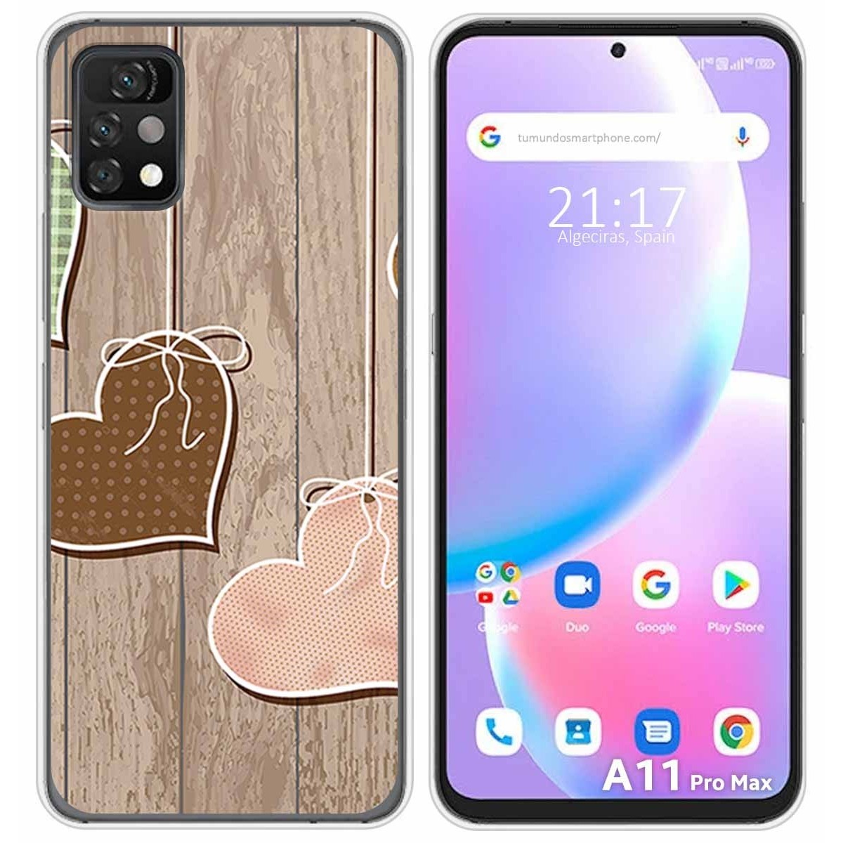 Funda Silicona para Umidigi A11 Pro Max diseño Corazones Madera Dibujos