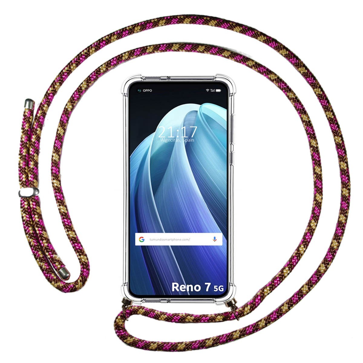 Funda Colgante Transparente para Oppo Reno 7 5G con Cordon Rosa / Dorado