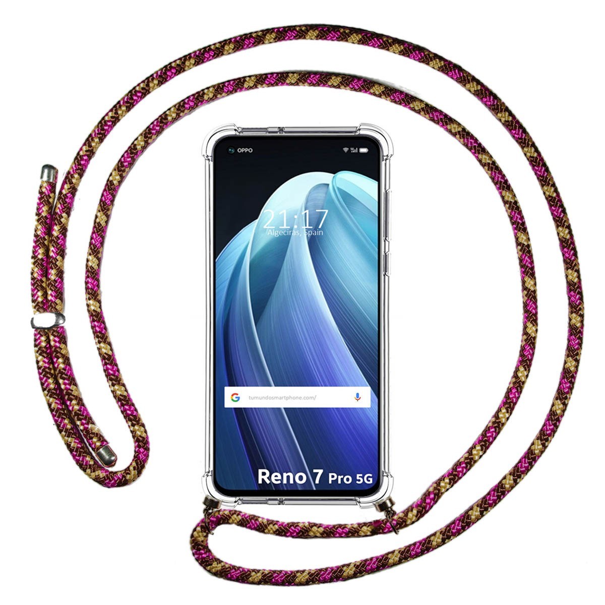 Funda Colgante Transparente para Oppo Reno 7 Pro 5G con Cordon Rosa / Dorado