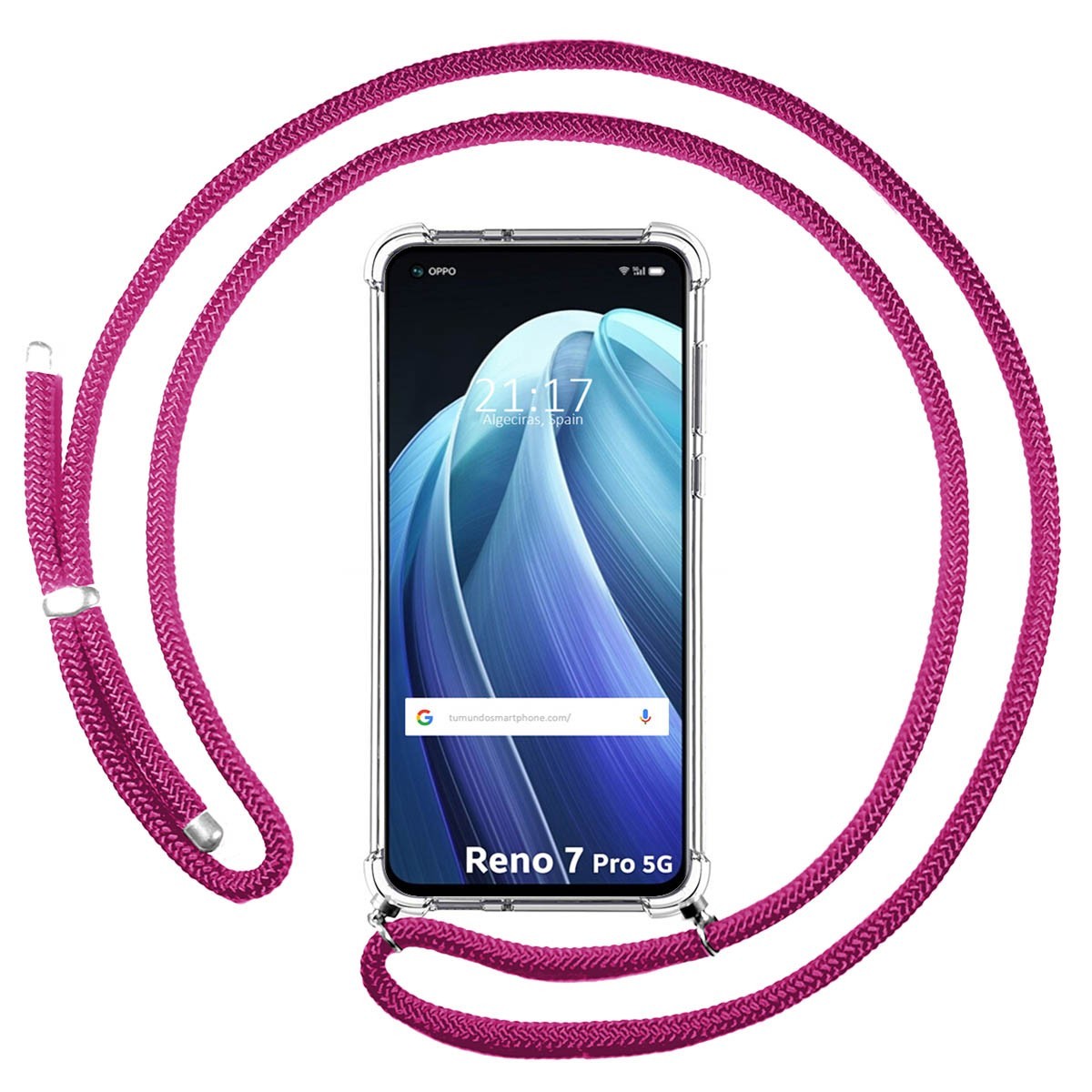 Funda Colgante Transparente para Oppo Reno 7 Pro 5G con Cordon Rosa Fucsia
