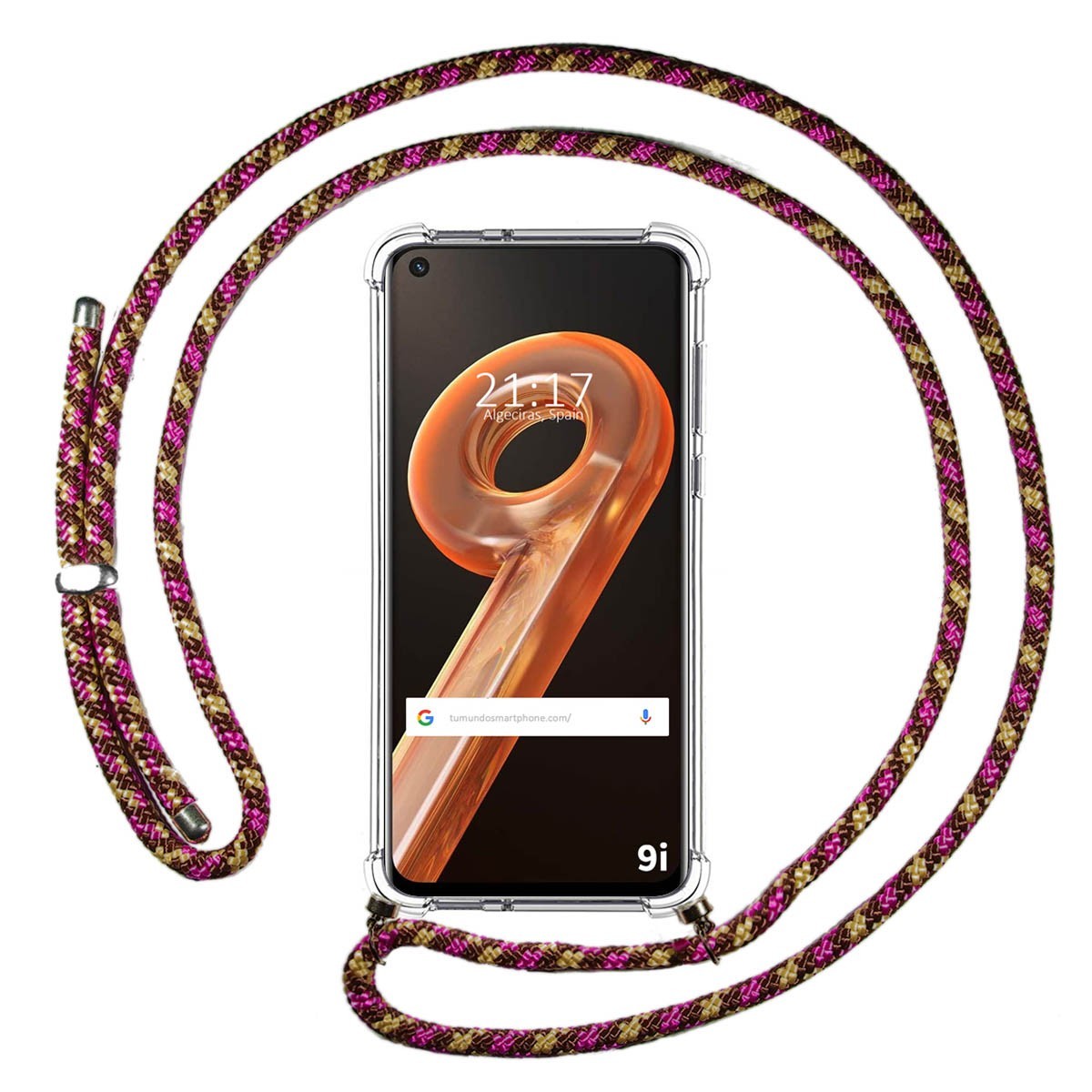 Funda Colgante Transparente para Realme 9i con Cordon Rosa / Dorado