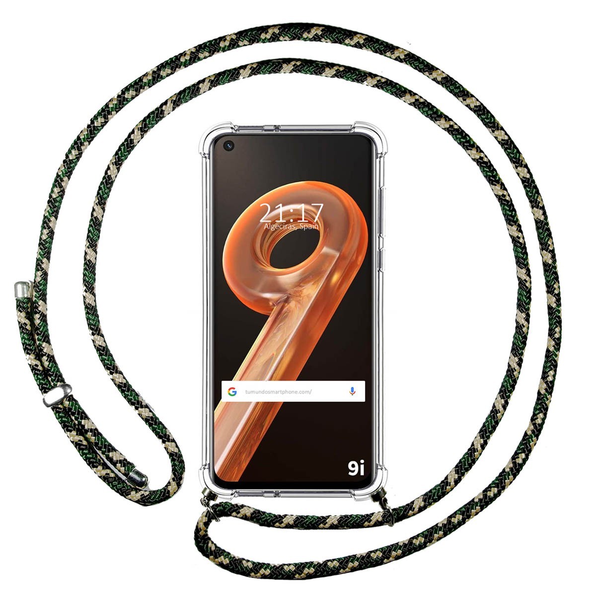 Funda Colgante Transparente para Realme 9i con Cordon Verde / Dorado