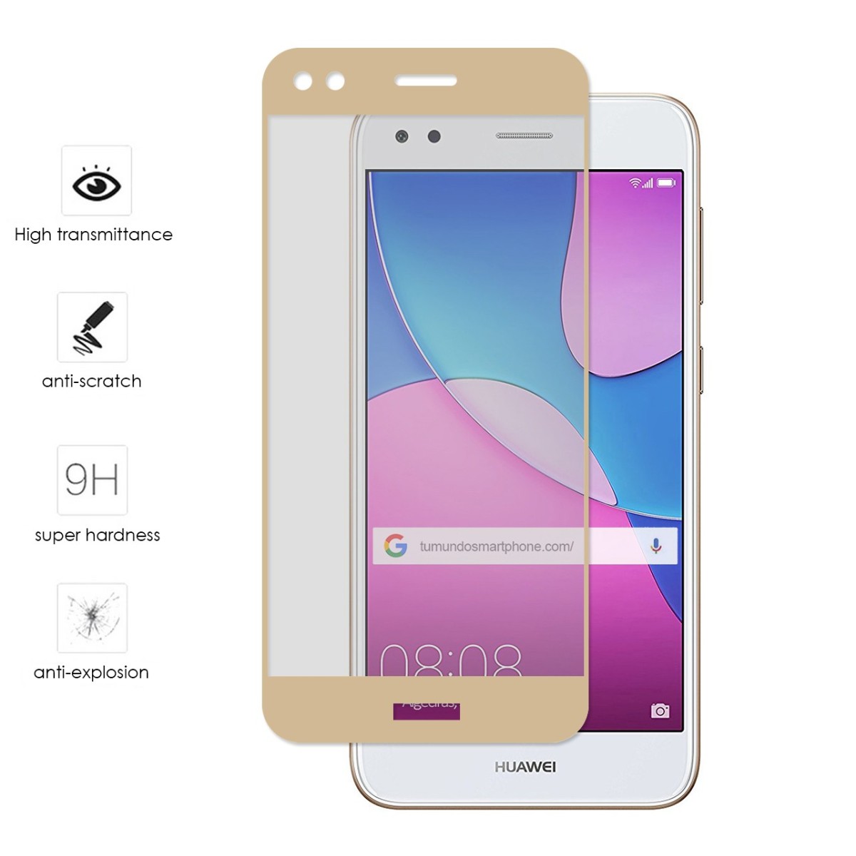Protector Cristal Templado Frontal Completo Dorado para Huawei Y6 Pro 2017 / P9 Lite Mini Vidrio