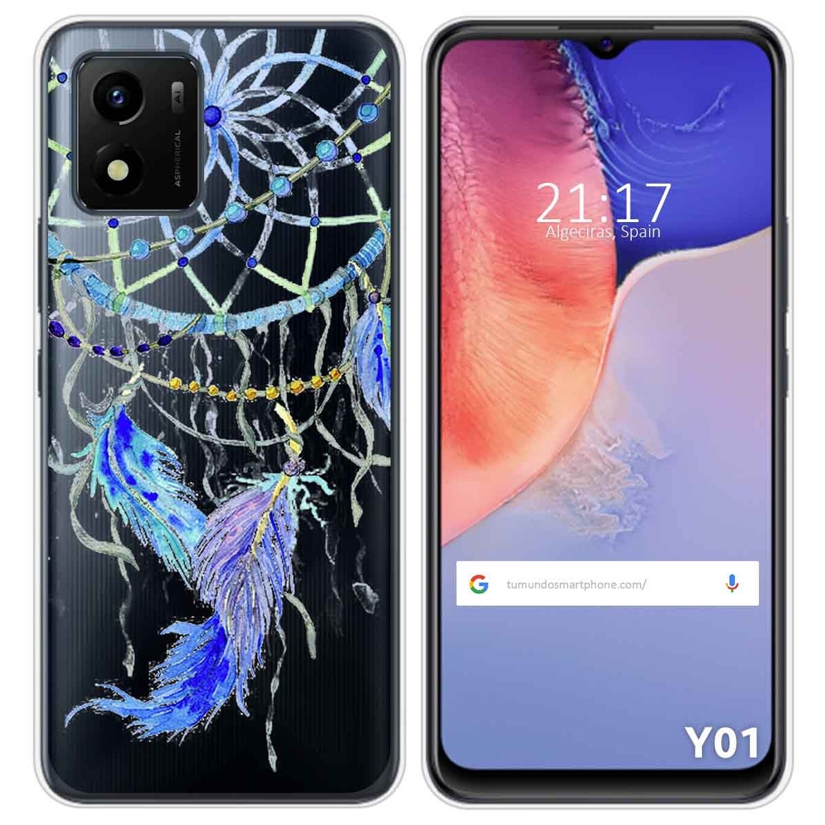 Funda Silicona Transparente para Vivo Y01 diseño Plumas Dibujos
