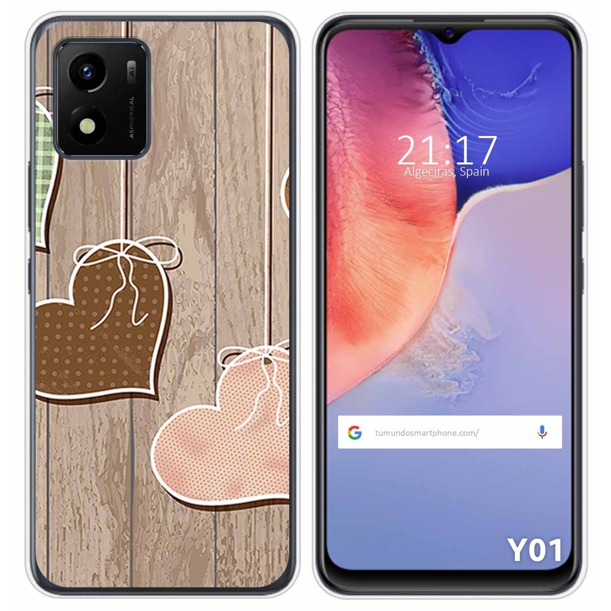 Funda Silicona para Vivo Y01 diseño Corazones Madera Dibujos
