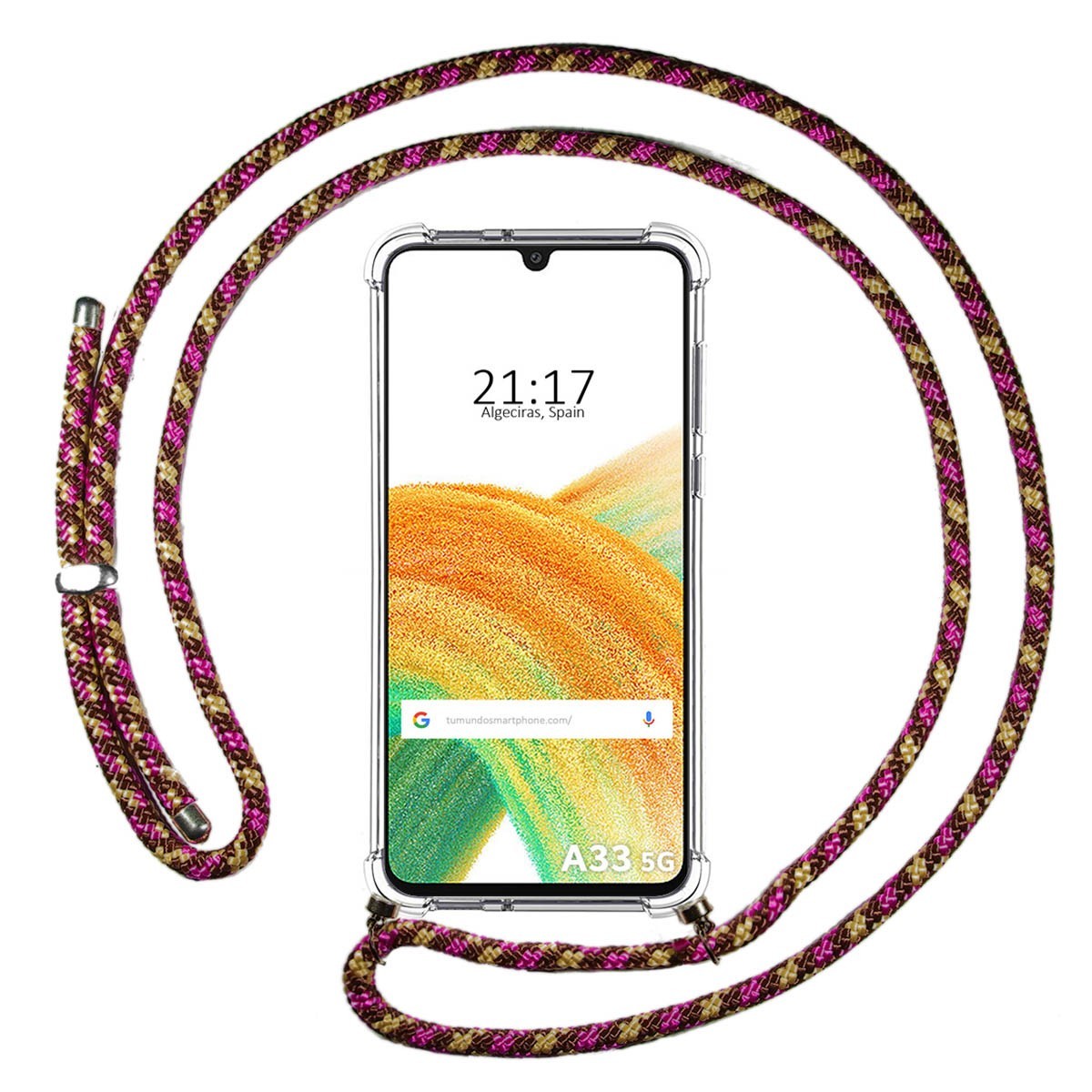 Funda Colgante Transparente para Samsung Galaxy A33 5G con Cordon Rosa / Dorado