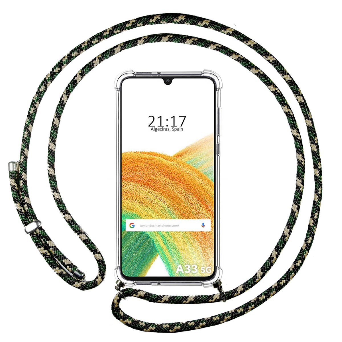 Funda Colgante Transparente para Samsung Galaxy A33 5G con Cordon Verde / Dorado