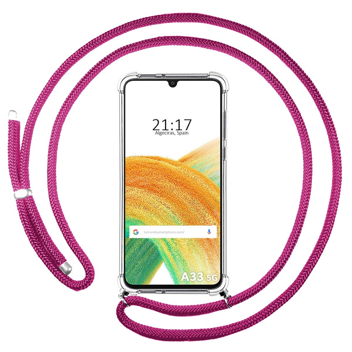 Funda Colgante Transparente para Samsung Galaxy A33 5G con Cordon Rosa Fucsia