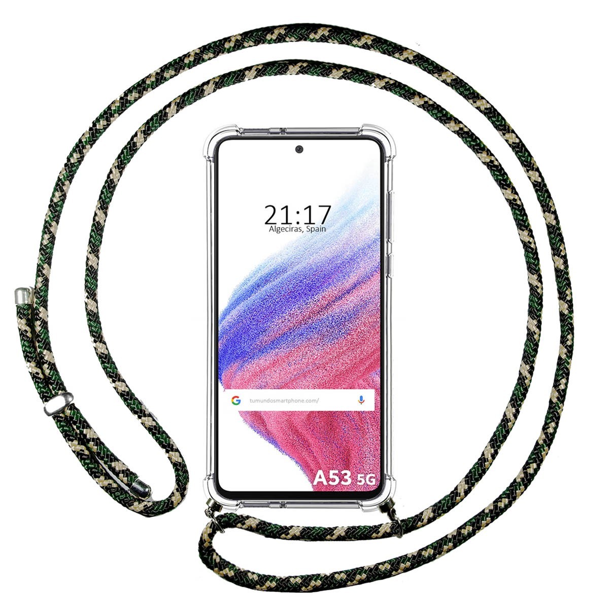 Funda Colgante Transparente para Samsung Galaxy A53 5G con Cordon Verde / Dorado
