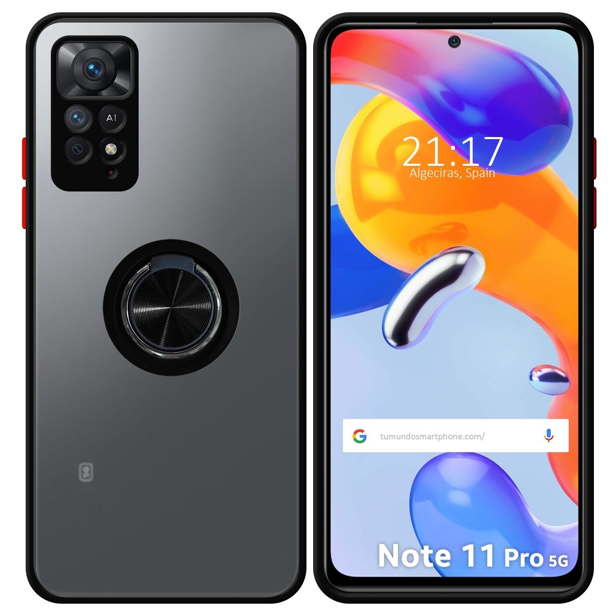 Funda Mate con Borde Negro y Anillo Giratorio 360 para Xiaomi Redmi Note 11 Pro / 11 Pro 5G