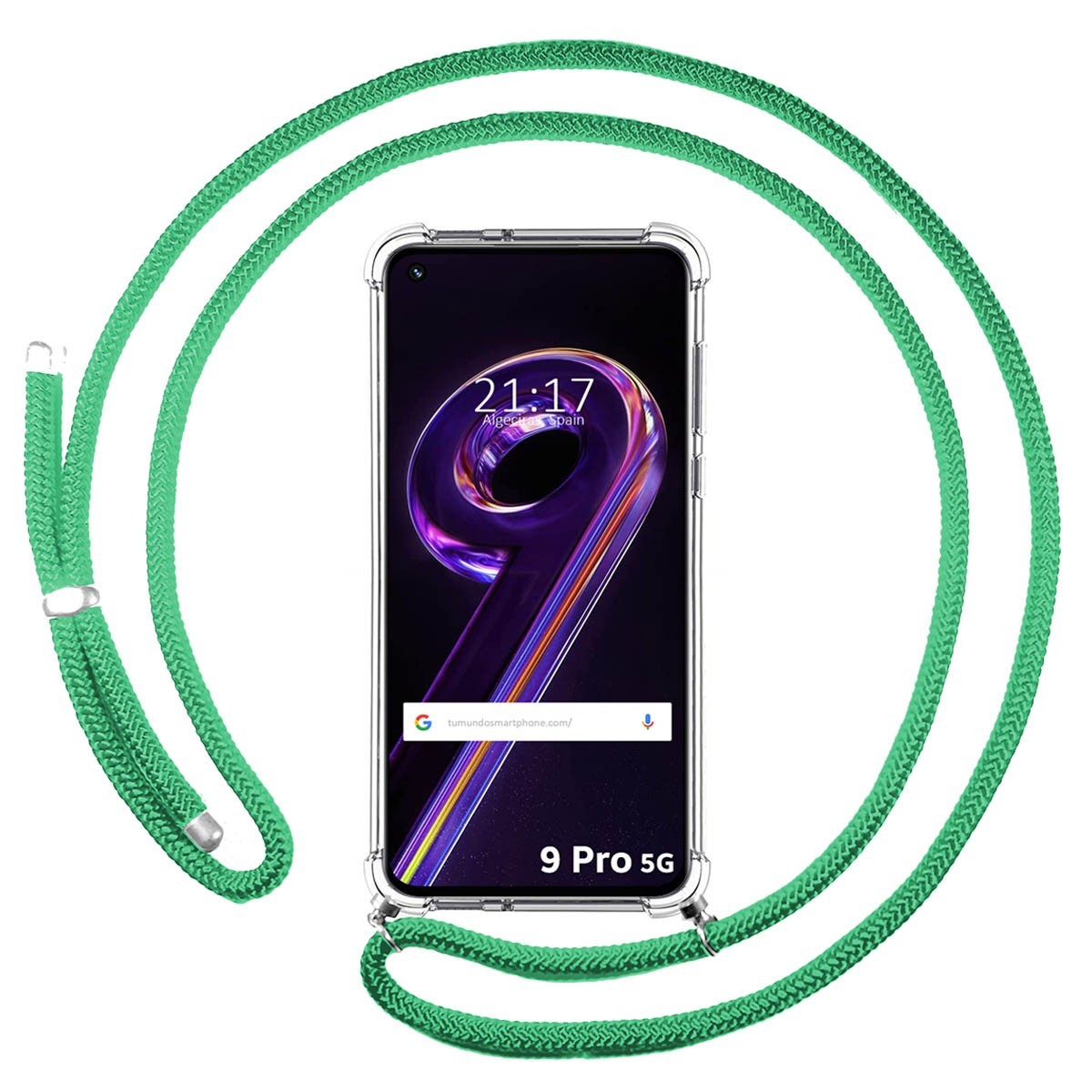 Funda Colgante Transparente para Realme 9 Pro 5G con Cordon Verde Agua