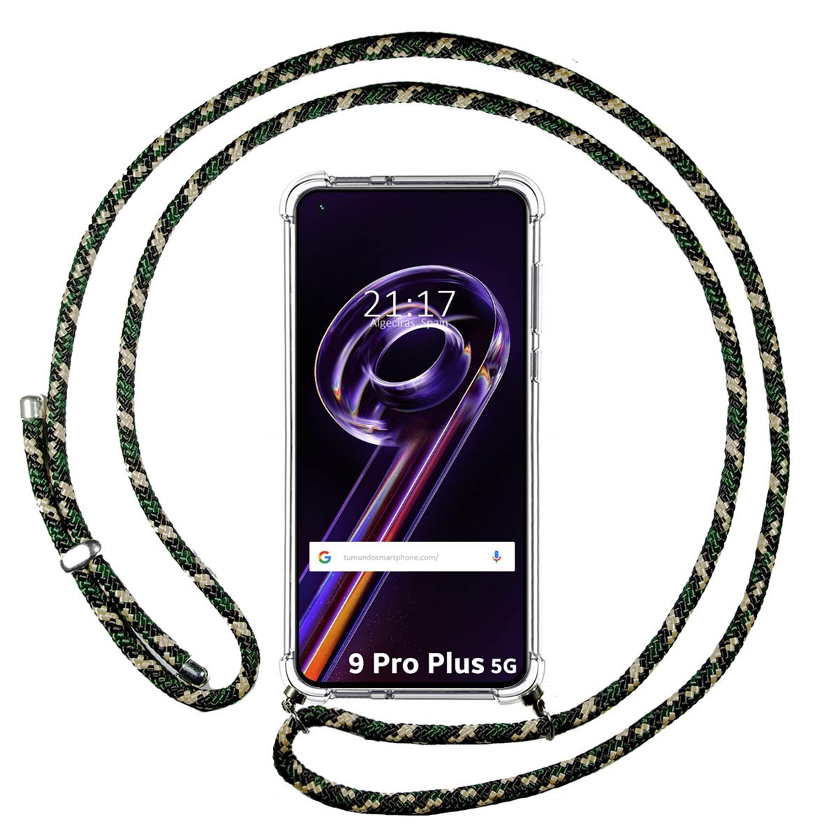 Funda Colgante Transparente para Realme 9 Pro Plus 5G con Cordon Verde / Dorado