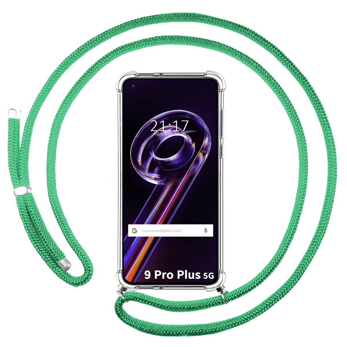 Funda Colgante Transparente para Realme 9 Pro Plus 5G con Cordon Verde Agua