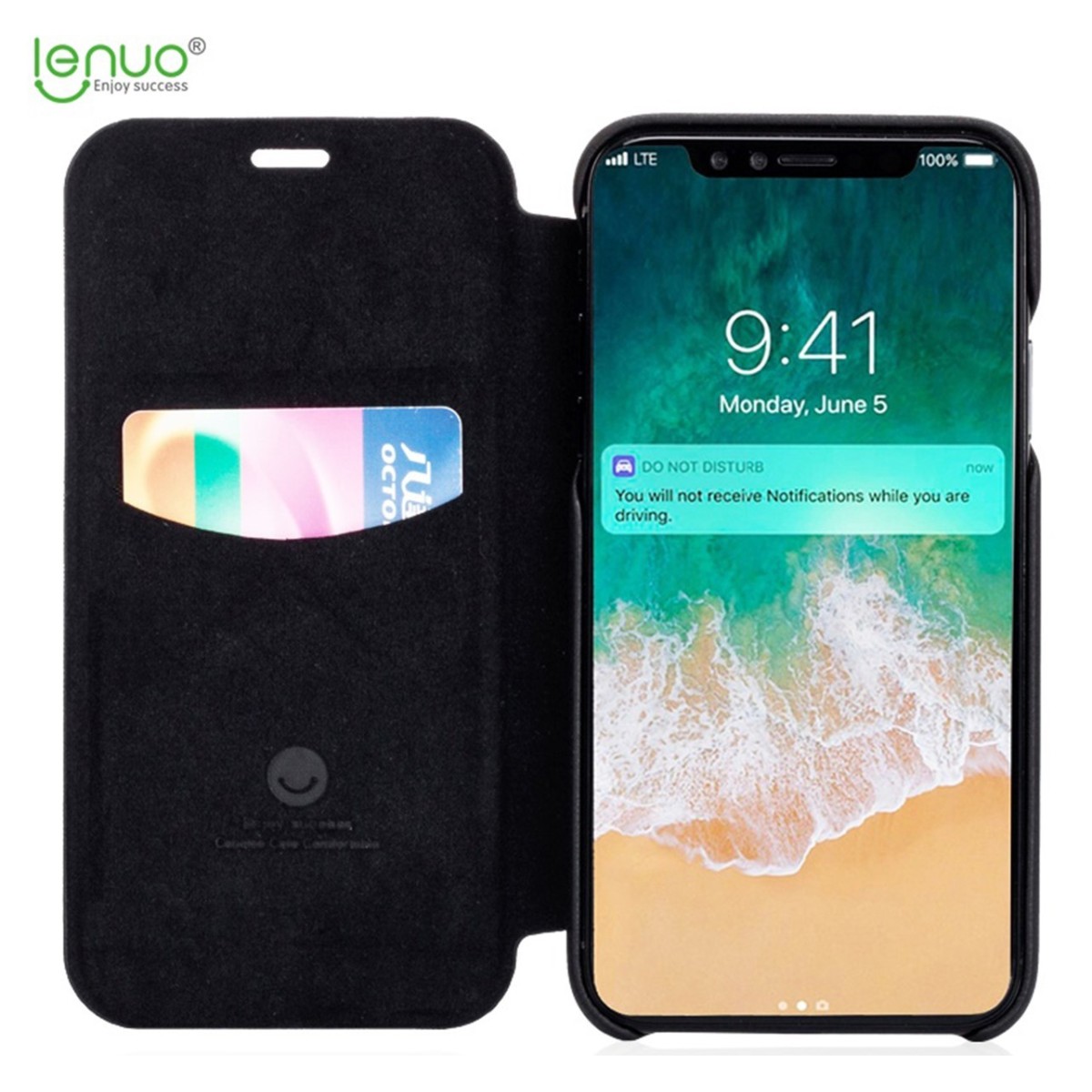 Funda Piel Flip Negra Marca Lenuo para Iphone X / Xs