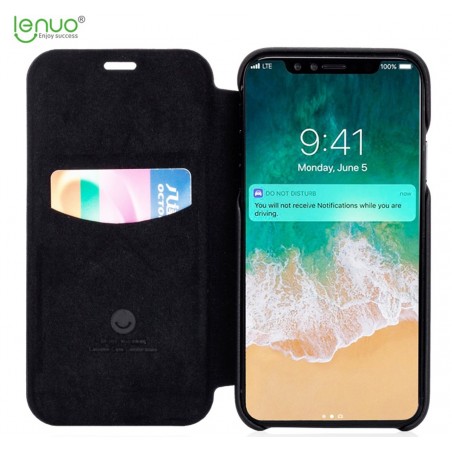 Funda Piel Flip Negra Marca Lenuo para Iphone X / Xs