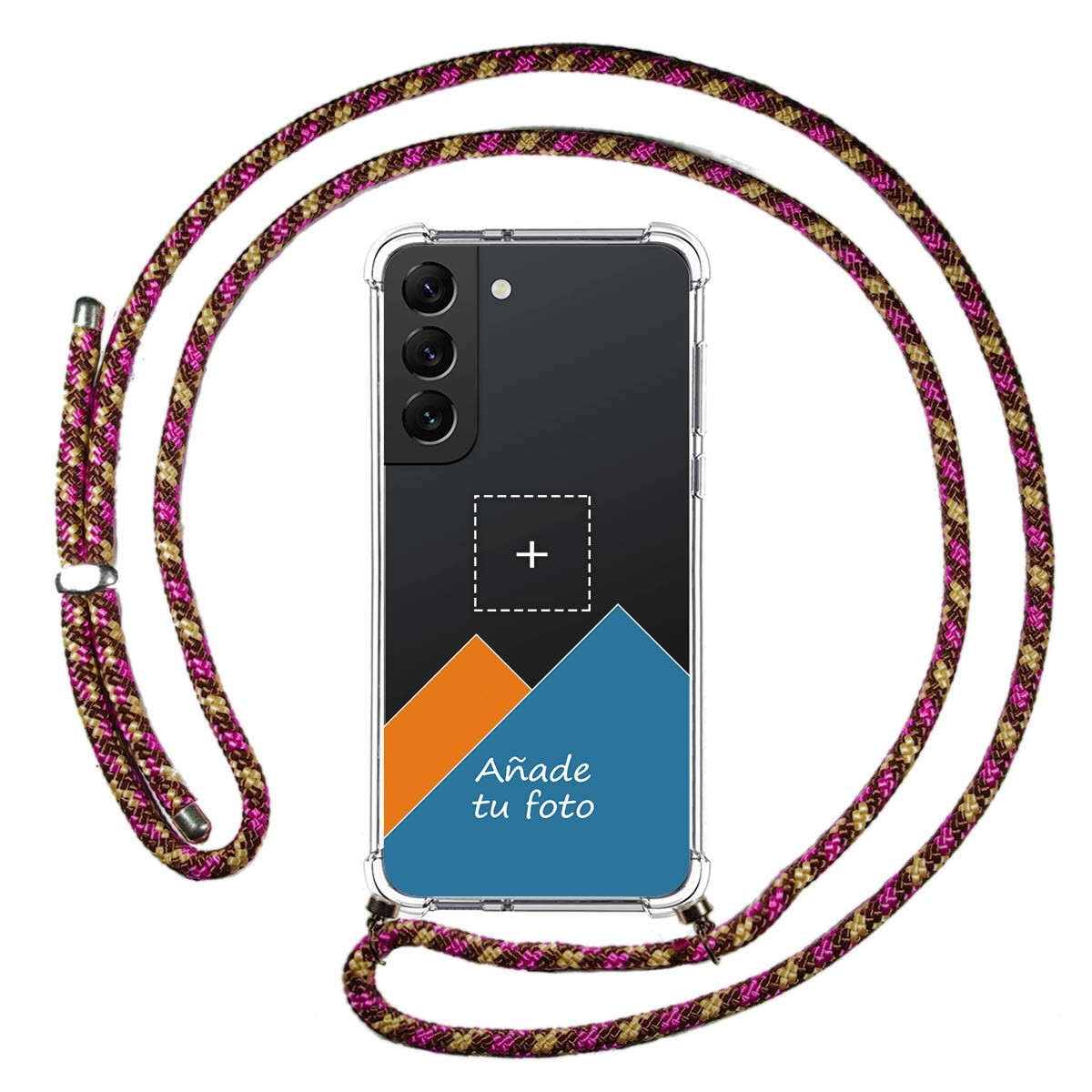 Personaliza tu Funda Colgante Transparente para Samsung Galaxy S22 5G con Cordon Rosa / Dorado Dibujo Personalizada