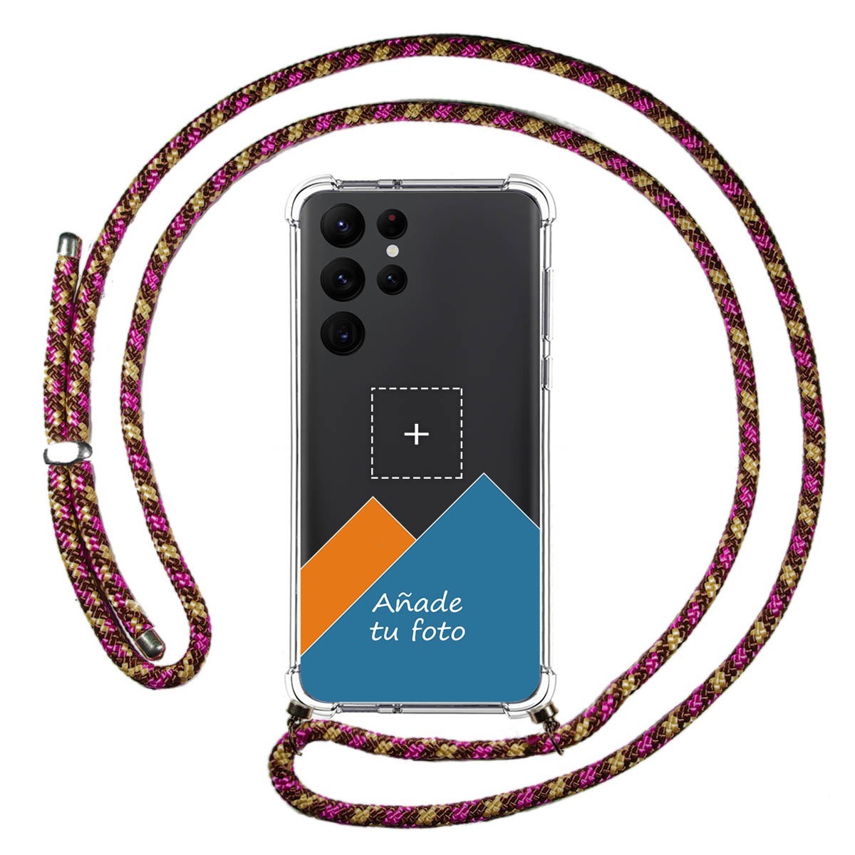 Personaliza tu Funda Colgante Transparente para Samsung Galaxy S22 Ultra 5G con Cordon Rosa / Dorado Dibujo Personalizada