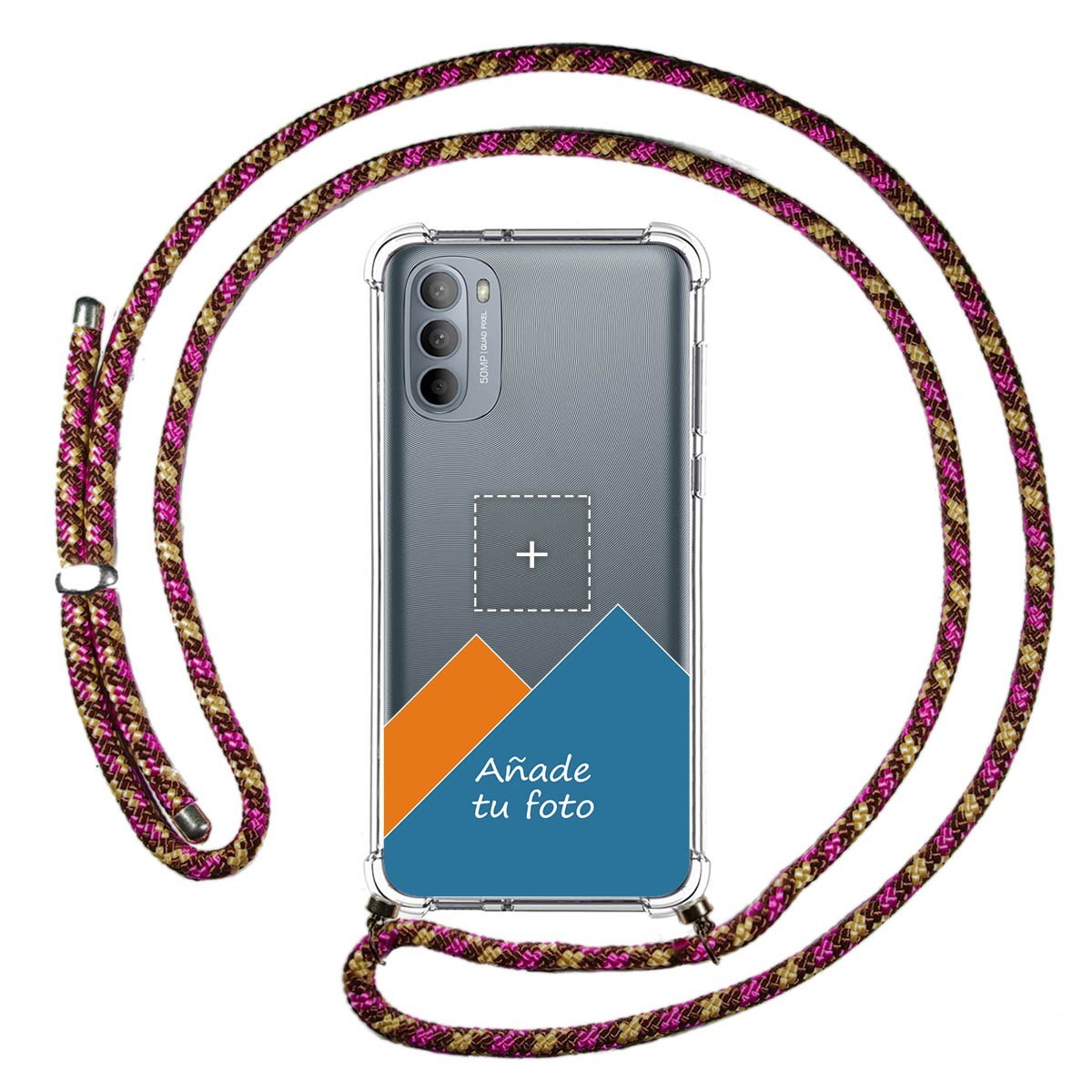 Personaliza tu Funda Colgante Transparente para Motorola Moto G31 con Cordon Rosa / Dorado Dibujo Personalizada
