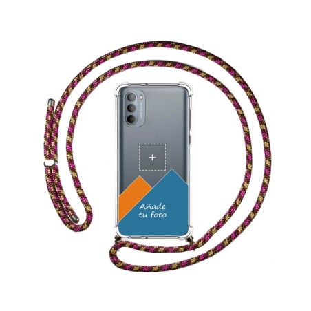 Personaliza tu Funda Colgante Transparente para Motorola Moto G31 con Cordon Rosa / Dorado Dibujo Personalizada