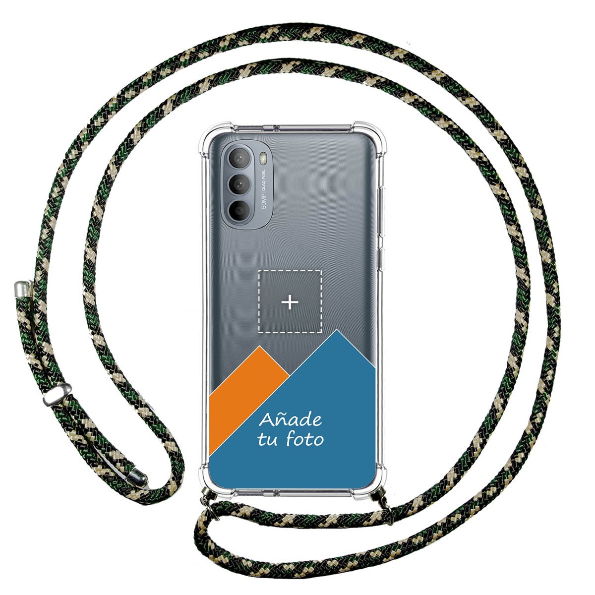 Personaliza tu Funda Colgante Transparente para Motorola Moto G31 con Cordon Verde / Dorado Dibujo Personalizada