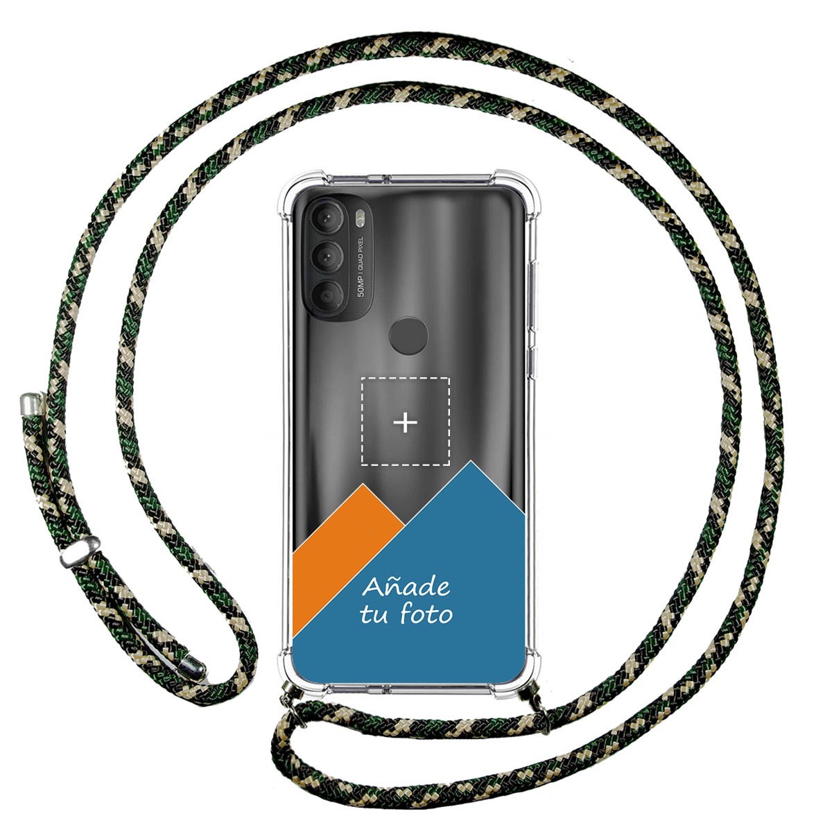 Personaliza tu Funda Colgante Transparente para Motorola Moto G71 5G con Cordon Verde / Dorado Dibujo Personalizada
