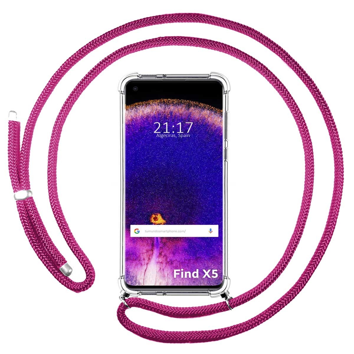 Oppo Find X5 5G Funda Colgante transparente con cordón color Rosa Fucsia