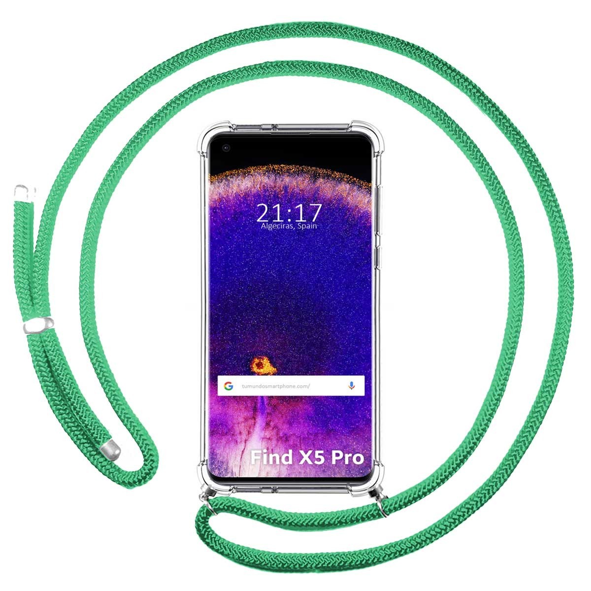 Funda Colgante Transparente para Oppo Find X5 Pro 5G con Cordon Verde Agua