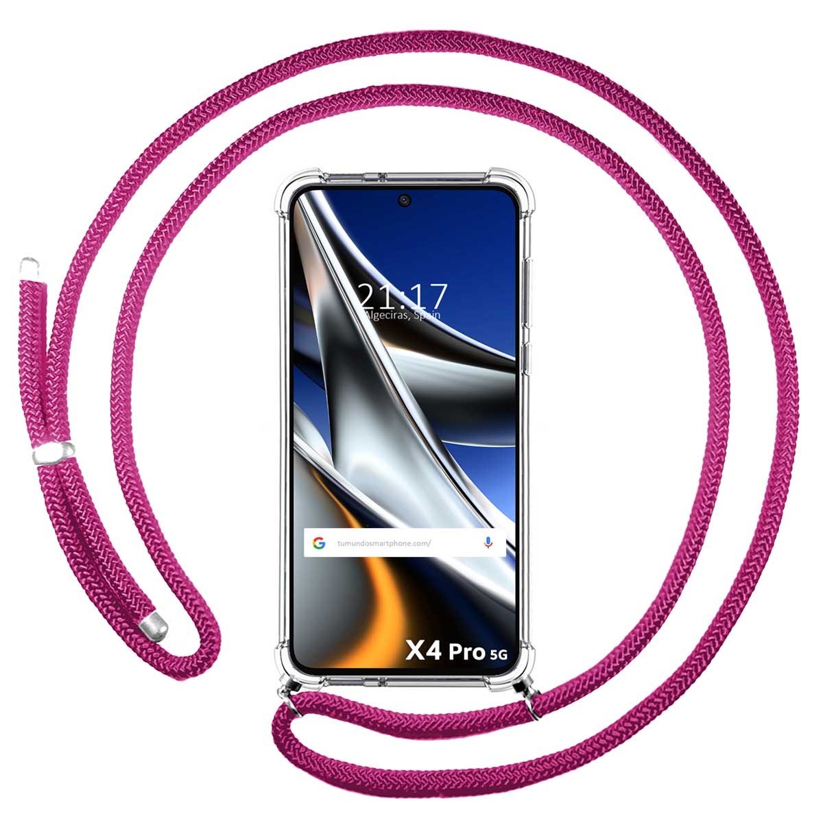 Funda Colgante Transparente para Xiaomi POCO X4 Pro 5G con Cordon Rosa Fucsia
