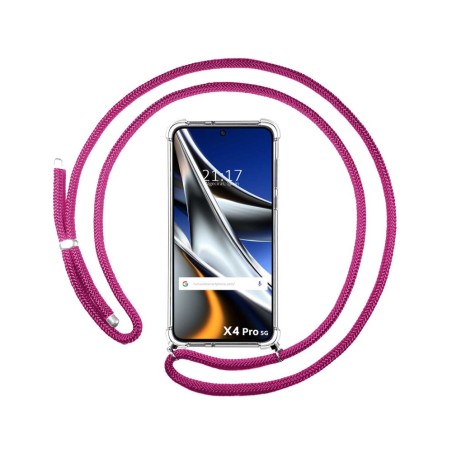 Funda Colgante Transparente para Xiaomi POCO X4 Pro 5G con Cordon Rosa Fucsia