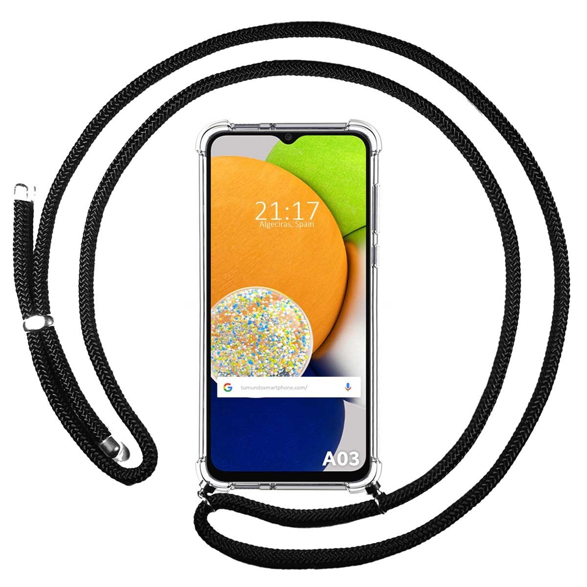 Funda Colgante Transparente para Samsung Galaxy A03 con Cordon Negro