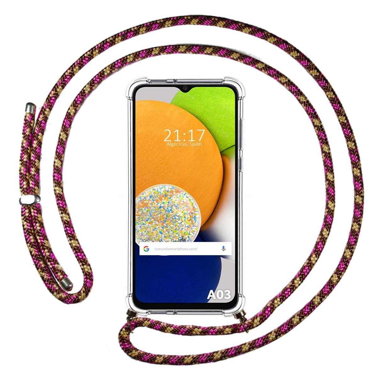 Funda Colgante Transparente para Samsung Galaxy A03 con Cordon Rosa / Dorado