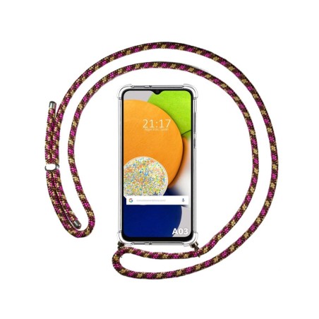 Funda Colgante Transparente para Samsung Galaxy A03 con Cordon Rosa / Dorado