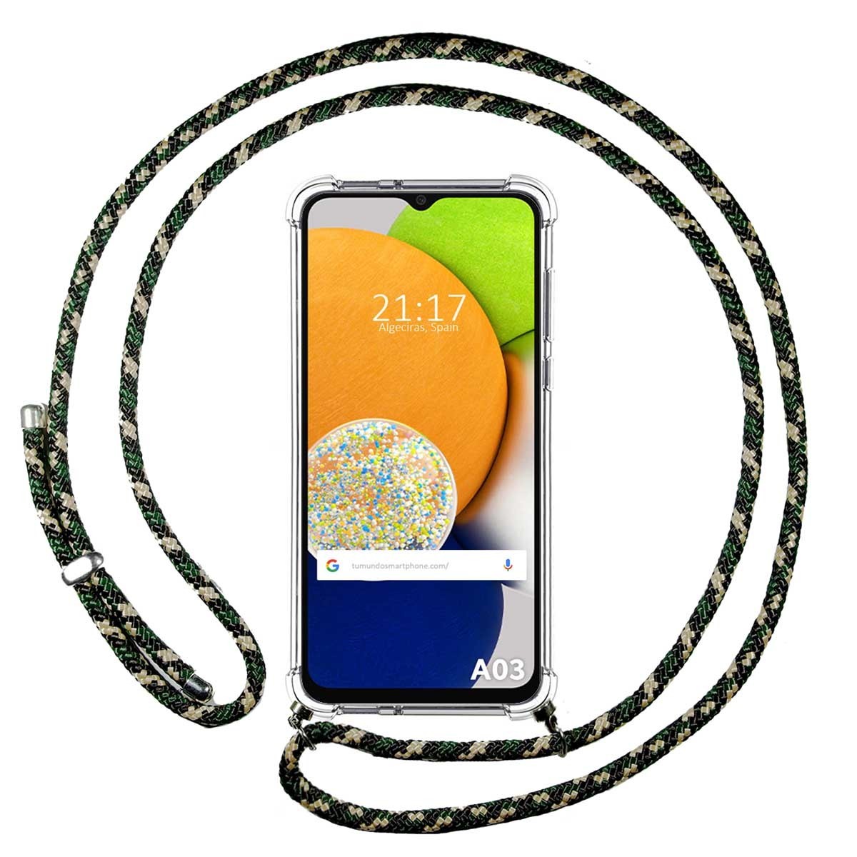 Funda Colgante Transparente para Samsung Galaxy A03 con Cordon Verde / Dorado