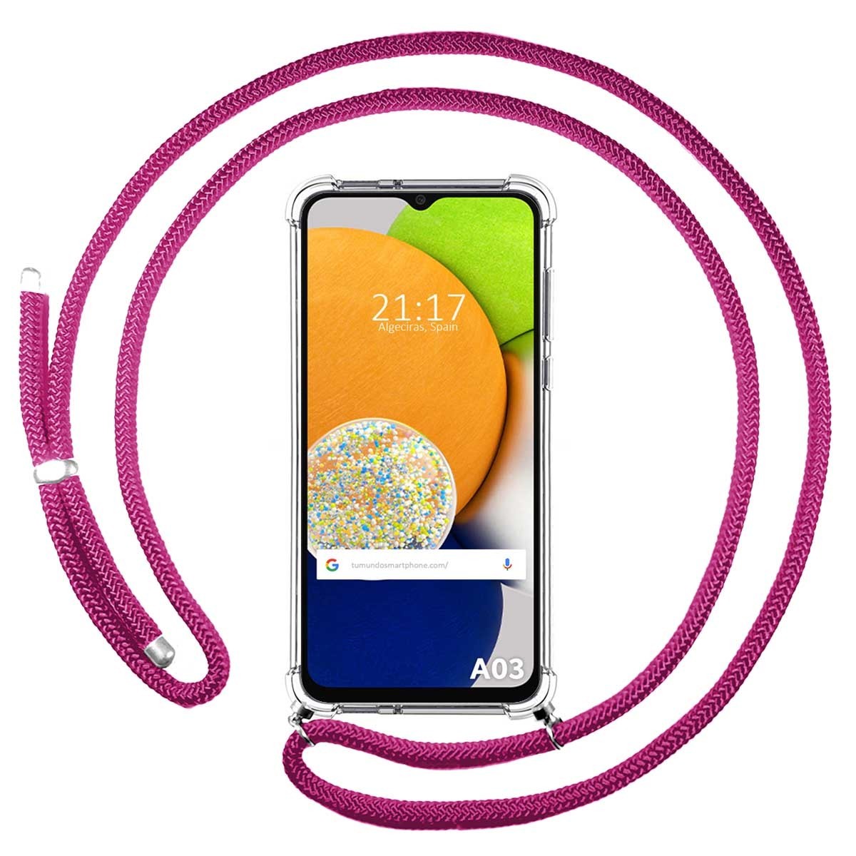 Funda Colgante Transparente para Samsung Galaxy A03 con Cordon Rosa Fucsia