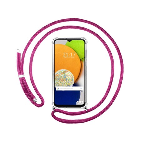 Funda Colgante Transparente para Samsung Galaxy A03 con Cordon Rosa Fucsia