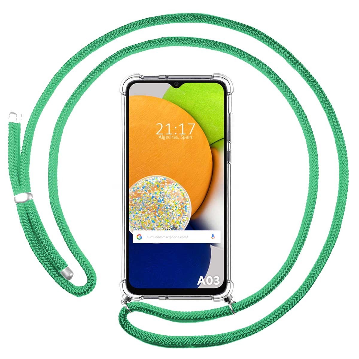 Funda Colgante Transparente para Samsung Galaxy A03 con Cordon Verde Agua