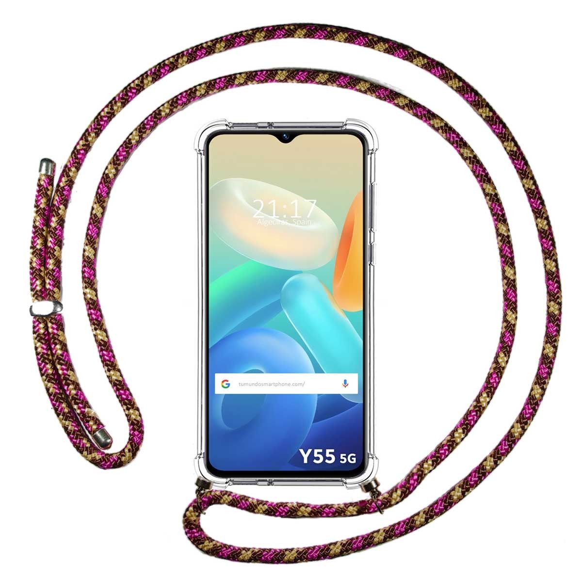 Funda Colgante Transparente para Vivo Y55 5G con Cordon Rosa / Dorado