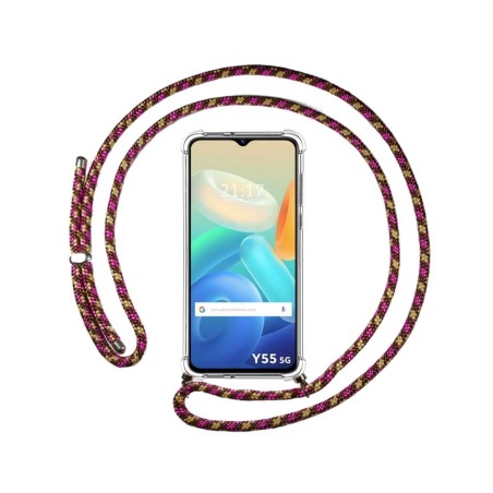 Funda Colgante Transparente para Vivo Y55 5G con Cordon Rosa / Dorado