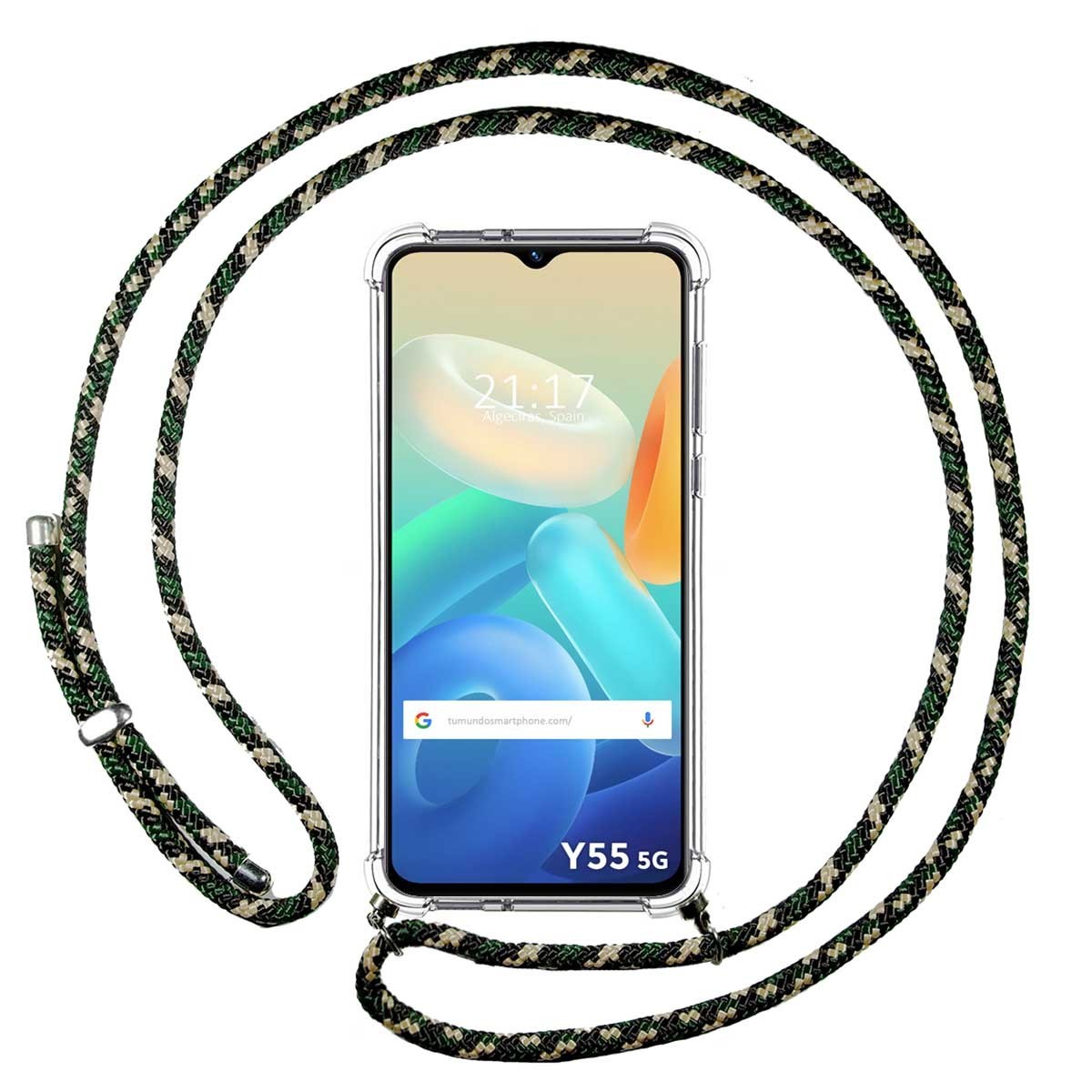 Funda Colgante Transparente para Vivo Y55 5G con Cordon Verde / Dorado