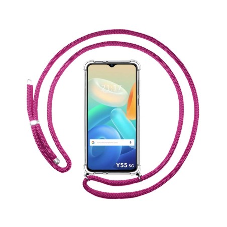 Funda Colgante Transparente para Vivo Y55 5G con Cordon Rosa Fucsia