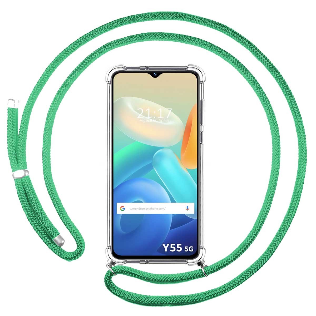 Funda Colgante Transparente para Vivo Y55 5G con Cordon Verde Agua