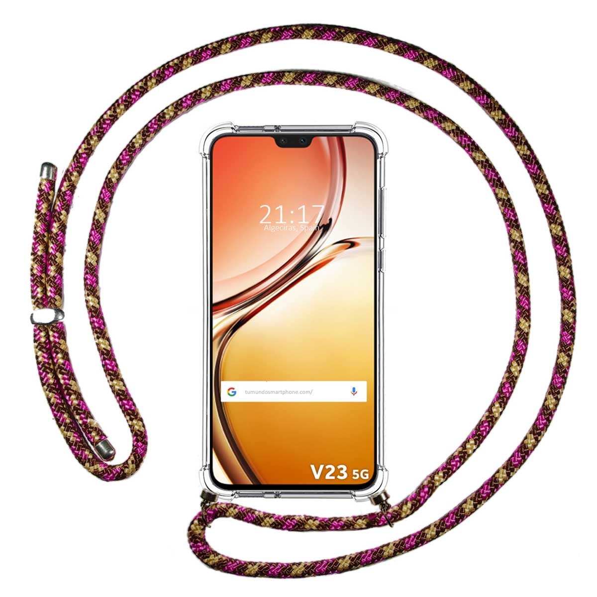 Funda Colgante Transparente para Vivo V23 5G con Cordon Rosa / Dorado