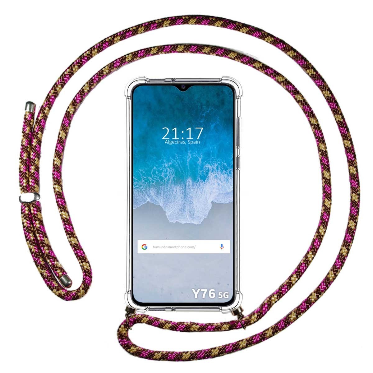 Funda Colgante Transparente para Vivo Y76 5G con Cordon Rosa / Dorado