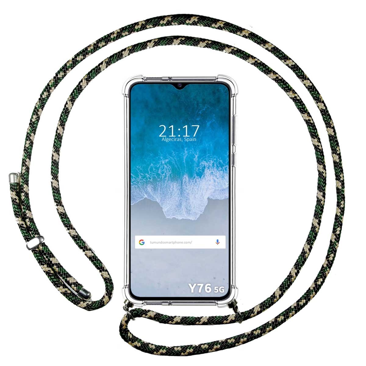 Funda Colgante Transparente para Vivo Y76 5G con Cordon Verde / Dorado